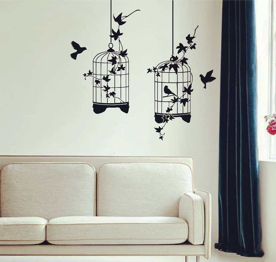 استیکر چوبی طرح قفس پرنده های ، برچسب دیواری قفس های آویز خوشگل دکوری