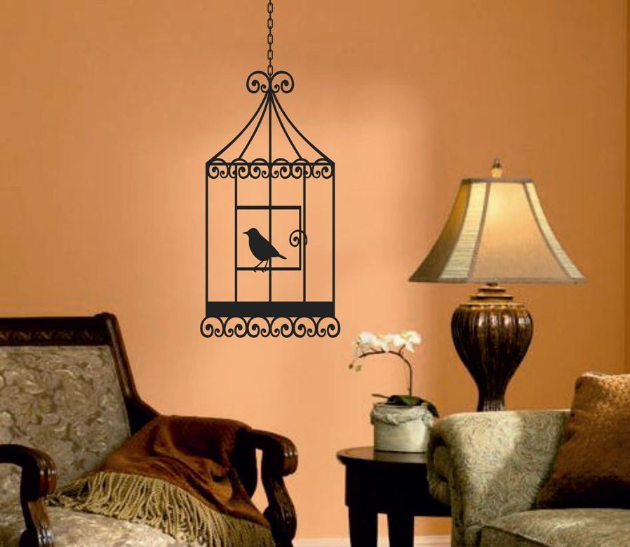 برچسب دیواری با موضوع قفس پرنده ،قفس دکوری قدیمی پرنده تزیینی ،تابلو قفس چوبی