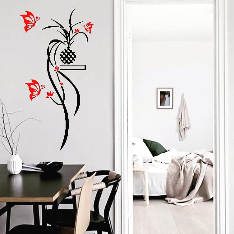 استیکر چوبی گلدان آویز و پروانه برچسب دیواری پروانه های آویز
